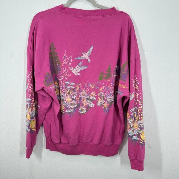 Vintage Alaska Wildflower Hummingbirds Painted Screenprinted Pink Sweatshirt‎ - Picture 2 of 8